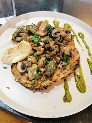 Mushroom toast on beans + hummus with pesto sauce at Aussie Coffee Ipanema in Rio De Janeiro