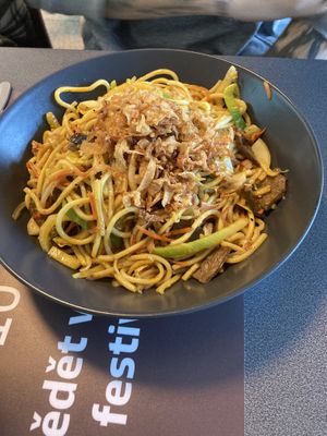 Vegan beef and noodles at Lupení in Prague