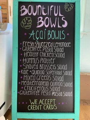 Menu. All are gluten free. Acai bowls, Pesto pasta, veg pasta, cruciferous, and hummus are vegan.  at Bountiful Bowls in Lewes
