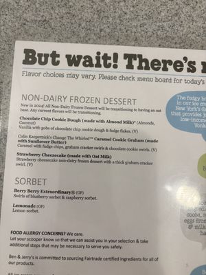 Menu of non-dairy ice cream flavors  at Ben & Jerry's in Dayton