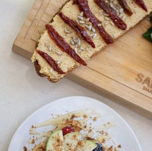 Hummus toast 100% vegan  at Sanopecado in Guadalajara