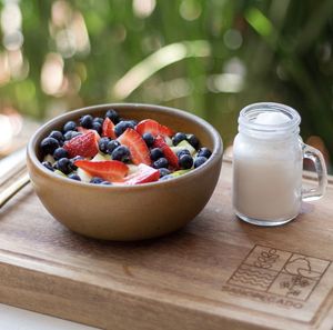 Almond milk oats and fruit  at Sanopecado in Guadalajara