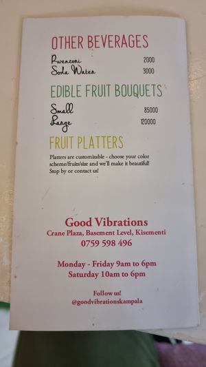 Menu at Good Vibrations in Kampala