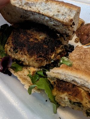Vegan crab cake poboy at Meals From The Heart Cafe in New Orleans