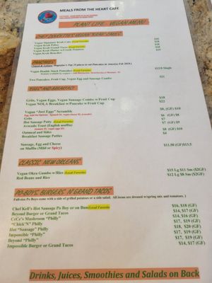 Their vegan menu at Meals From The Heart Cafe in New Orleans