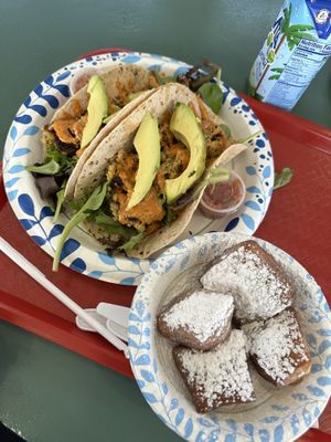 Vegan crab cake tacos and vegan beignetss  at Meals From The Heart Cafe in New Orleans