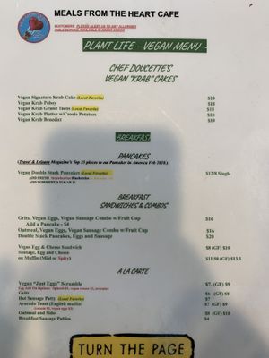 Vegan menu 1  at Meals From The Heart Cafe in New Orleans