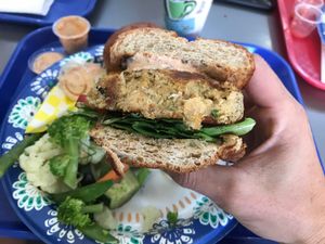 Vegan crab cake poboy. SO GOOD!! at Meals From The Heart Cafe in New Orleans