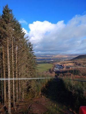 View from top of 2nd zip. Cegin Glo is building just behind at Cegin Glo in Aberdare