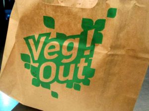 Cool brown bag to carry your food. at Maoz Vegetarian - Times Square in New York City