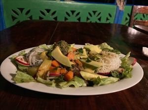 Fresh veggie salad with rice noodles at Darinia's Kitchen in Corn Islands