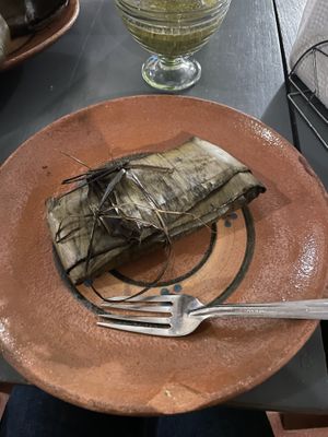 Vegan mole and hongo tamale   at La Casa Del Tamal in San Cristobal De Las Casas