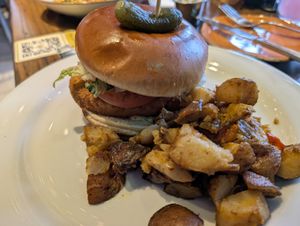 Homefries and vegan "chicken" sandwich at Busboys and Poets in Columbia