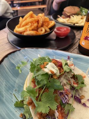 Crispy vegan tacos, vegan burger, pigtail fries   at Pig & Whistle in Rotorua