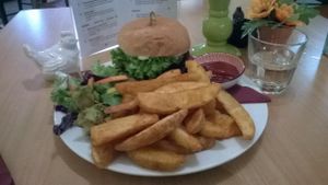 vegan burger at Three Pillars Cafe in New Plymouth