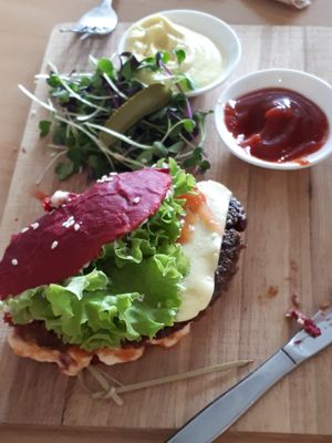 Burger at Three Pillars Cafe in New Plymouth