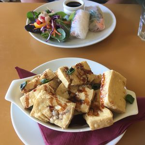 fried tofu and Vietnamese spring rolls  at Three Pillars Cafe in New Plymouth