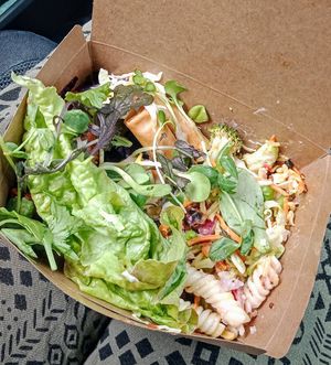 Takeaway Buffet never disappoints, so many delishhh meals and salads! at Three Pillars Cafe in New Plymouth