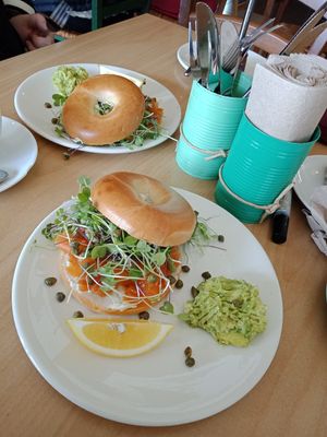 New Smoked Salmon (carrot) and cashew creme cheese bagel 😍 at Three Pillars Cafe in New Plymouth