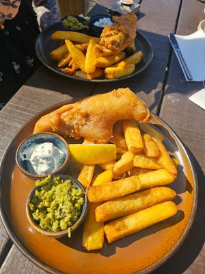 Vegan Banana Blossom, chips, mushy peas and tartar sauce. at Oystercatcher Polzeath in Waderbridge