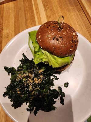 Vegan double cheeseburger w/ kale for the side! at True Food Kitchen in Reston