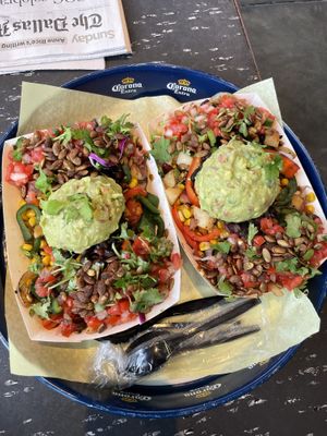 This is the Plant Based Dallas Bowl with red cabbage as the base!  Can you believe this bowl of goodness!!! at Rusty Taco in Dallas