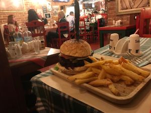 Vegan Reagan Burger and fries at Spaghetti Western in Tirana