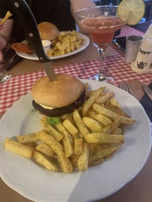 Vegan burger and chips  at Spaghetti Western in Tirana