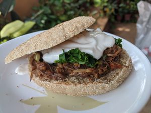 Pulled Jackfruit and Mayo Sandwich at Okapi Vegan Kitchen in Aldona