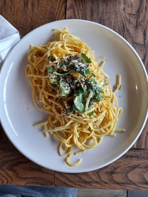 The pesto linguine pasta. They had run out of pesto to go with it but it was still really nice at Pachamama Soul in Calgary