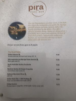 First page of menu August 2022.  at Pira Pool Bar in Yulara