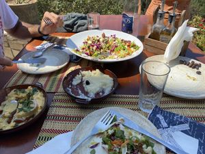 The sunset salad, fava bean dip and garlic dip! All very tasty.  at Golden Sunset in Crete