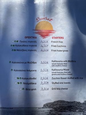 Menu  at Golden Sunset in Crete