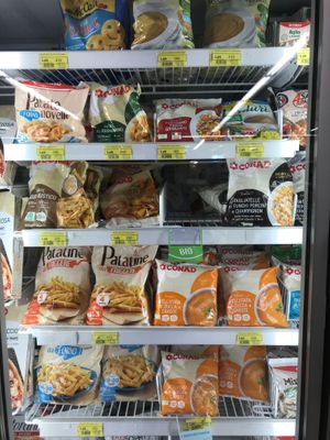 Frozen potatoes and soups at Conad Akademia in Tirana