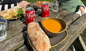 Humous and red pepper panini, kids beans on toast and my breakfast panini & butternut squash and chilli soup  at Dales Bike Centre in Reeth