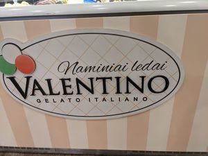 The shop sign with full name at Valentino Ledai in Klaipeda