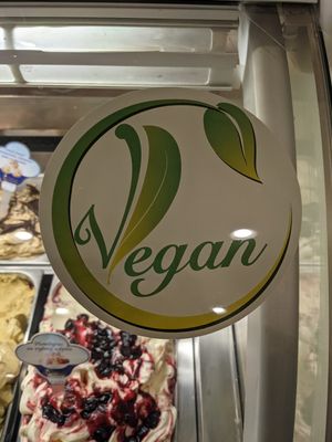 Big vegan sticker on glass case at Valentino Ledai in Klaipeda