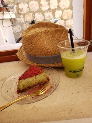 Raw Matcha Cake and a celery, lime, cucumber juice. at Sweet Republic Hvar in Hvar