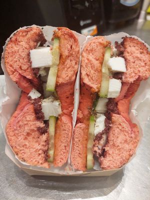 beetroot bagel with vegan feta at Merry Berry in Thessaloniki