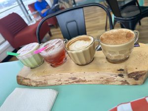 Coffee flight with 2 coffees, a matcha, and a lotus drink   at Cafe de Stir It Up in Fairbanks