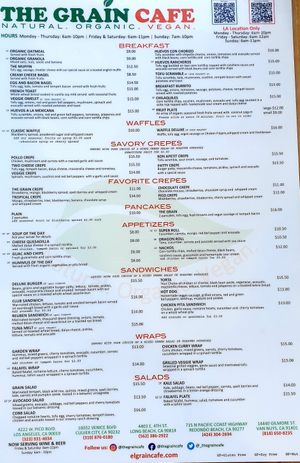menu June 22 at The Grain Cafe in Van Nuys