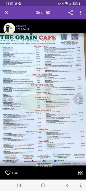 Menu at The Grain Cafe in Van Nuys