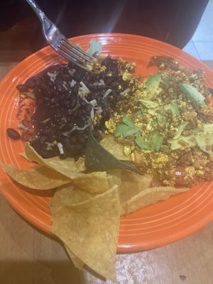 Chorizo, tofu, scramble with black beans, and chips  at The Grain Cafe in Van Nuys