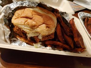 Buffalo Atlas chickin sandwich w/ sweet potato fries at Herban Vegans in Cincinnati