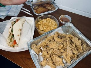 Shrimp tacos, peach cobbler, oyster mushroom wings, buffalo mac n cheese (all 100% vegan)  at Herban Vegans in Cincinnati