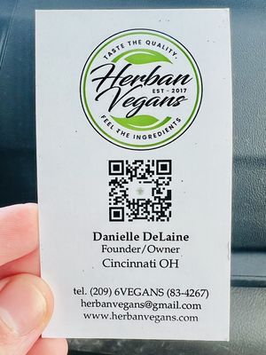 Owner’s business card. She is wonderful!  at Herban Vegans in Cincinnati