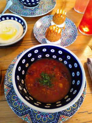 Im Hintergrund die hammer Bombas, vorne die Harrira Suppe at DAR Restaurant & Cocktail Bar in Zurich