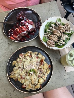 Berry pancakes (top), gluten-free falafel bowl (middle), and gluten-free pesto gnocchi (bottom)  at iNput in Ankara