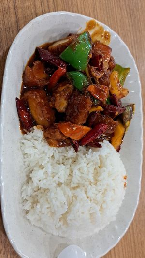 Dried Chilli Vegetarian Meat with rice at Vegetarian 素 - Peninsula Plaza in Central Singapore