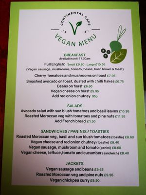 Separate Vegan Menu at Continental Cafe in Maldon